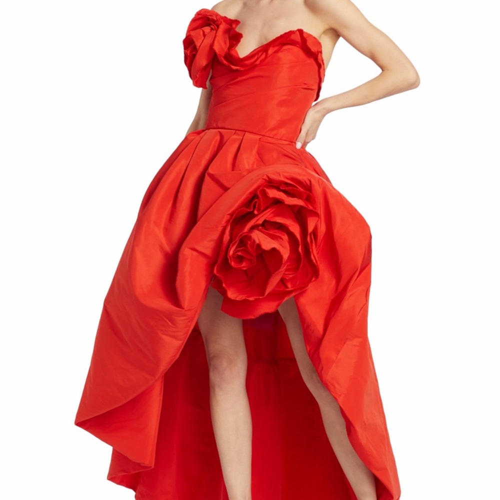 Marchesa Strapless Sculptural Rose Faille Gown
